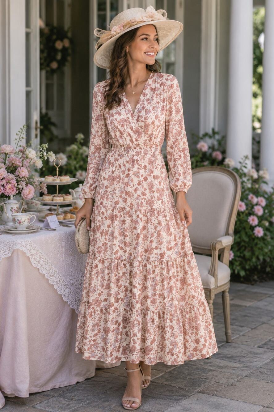 New Women's Floral Maxi Dress Cream Pink Long Sleeve Boho Tiered XS
